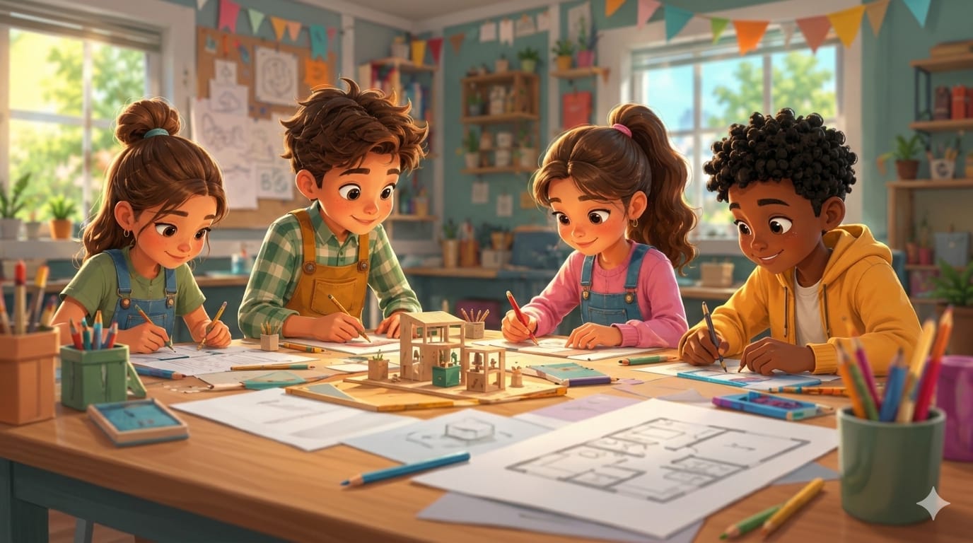 ילדים יוצרים יחד בסדנת עיצוב
